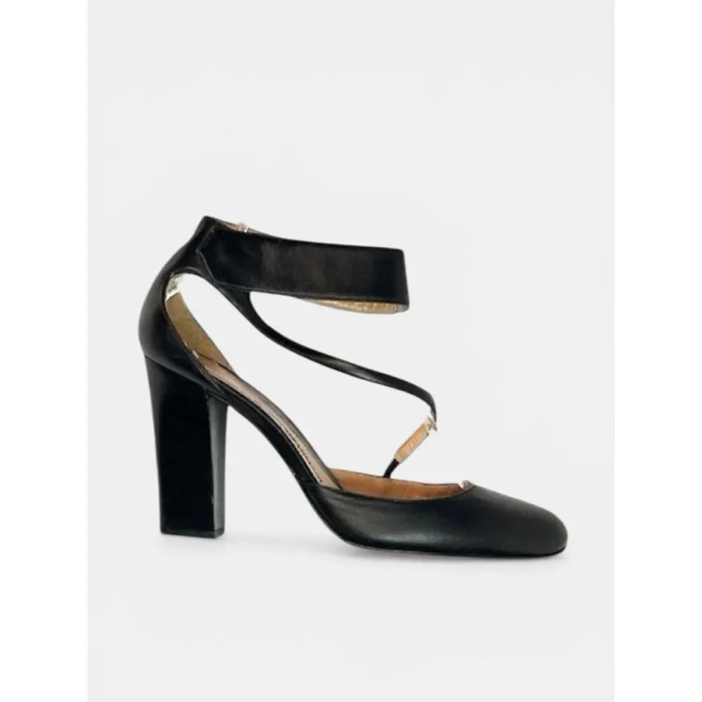 Emporio Armani Black Leather  Pumps High Heels Mary Jane size 37,5 US 7,5 Italy